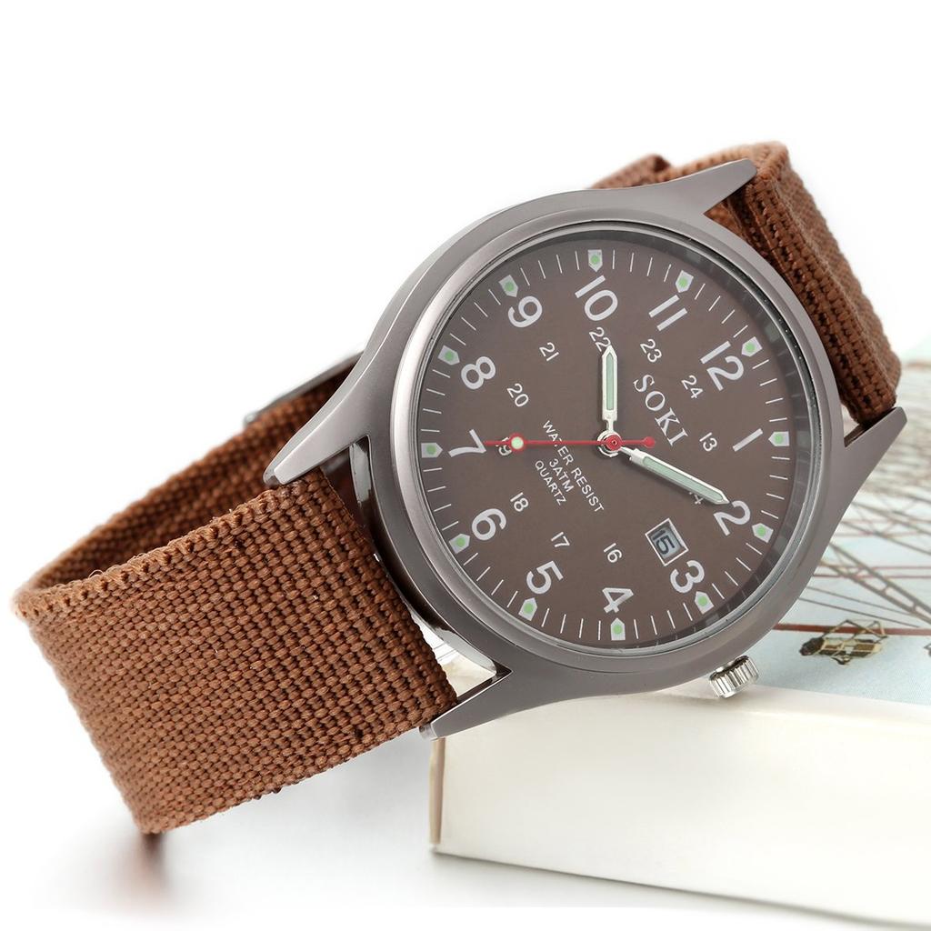 Kalender Leuchtend Analog Einfach und Stilvoll Sport Quarz Braun Nylon Modeaccessoire Perfektes Geschenk für Tag Herren Armbanduhr im Antik-Stil, Wasserdicht