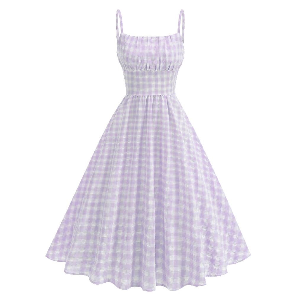 Damen Retro Ein-Schulter Strandoutfit Frische Britische Hosenträger Hoch Taille Karokleid