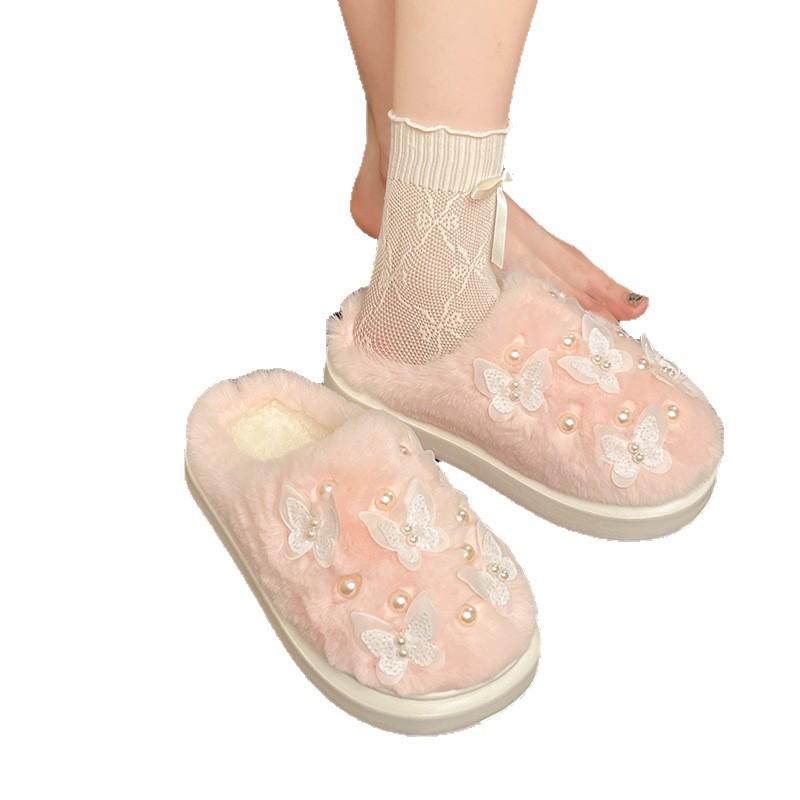 Fashion Cute Butterfly Decor Fluffy Slippers for Women Winter Thickened Warm Plush House Shoes Woman Thick Sole Pearl Indoor Slippers