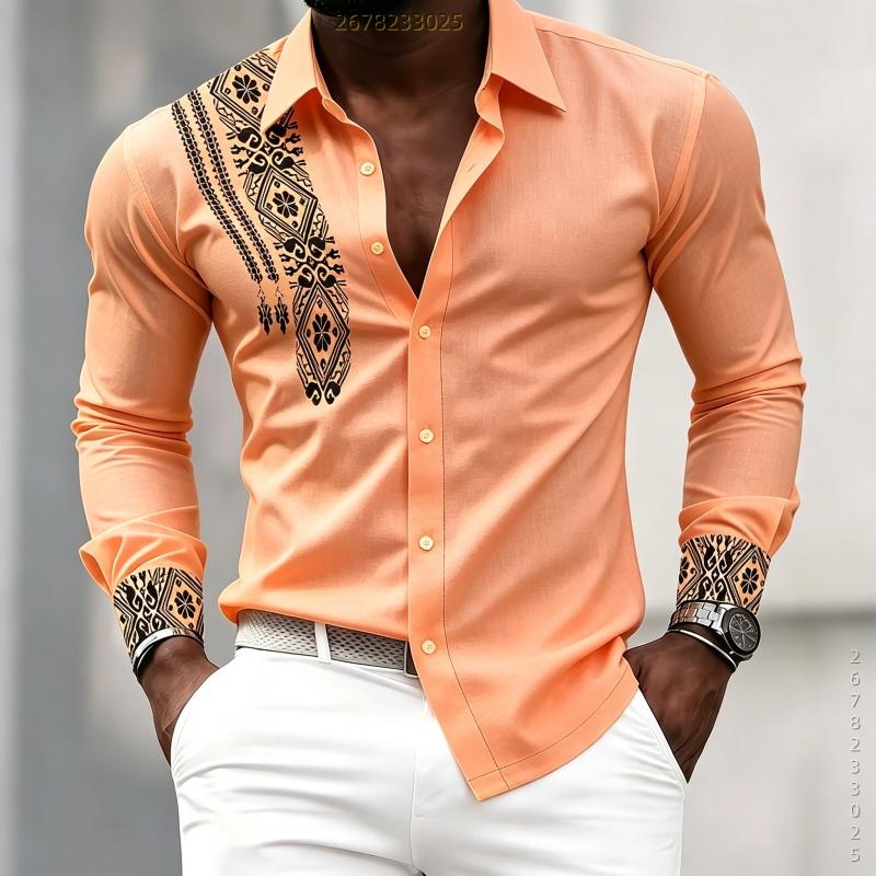 Men's High-quality Personalized Geometric Printed Long Sleeved Shirt with White Collar Shirt, Trendy Casual Men's Clothing