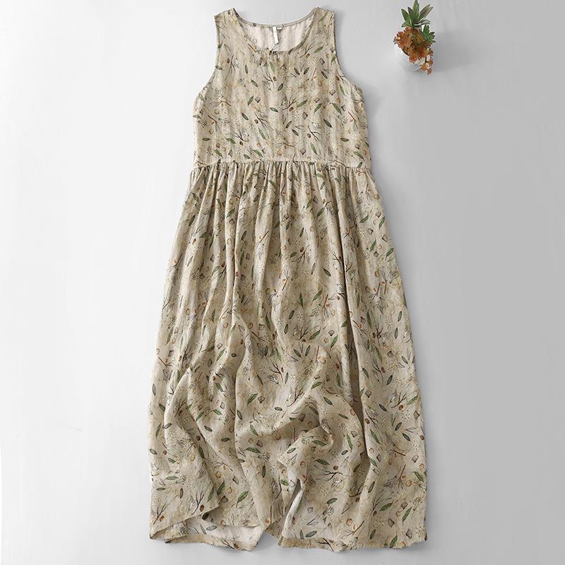 

Платье из хлопка и льна с принтом, новинка лета 2025 года, свободное платье с круглым вырезом и цветочным принтом без рукавов 2XL
