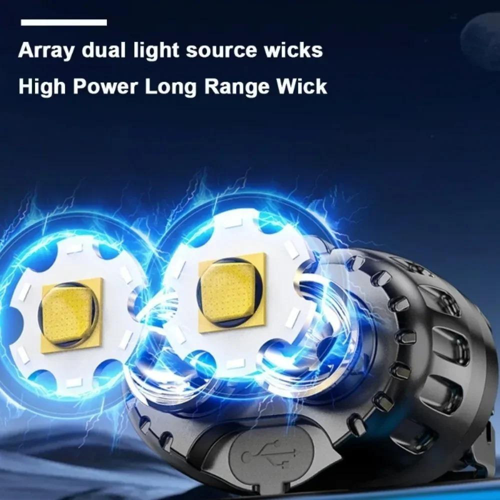 Dual Lamp Core nductionPowerful LED Headlight  90° Adjustment USB Charging Portable Emergency High Brightness Head Flashlight Motion Sensor