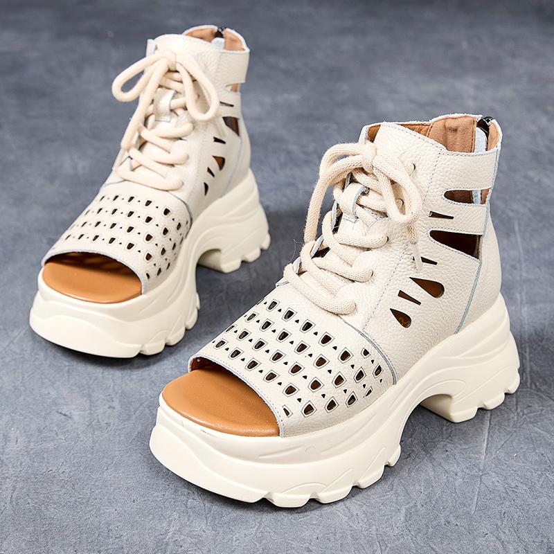 Fashion GKTINOO Women Sandals 2025 Summer Platform Thick High Heel Sandals GLADIATOR Genuine Leather Back Zipper Open Toe Cool Boots