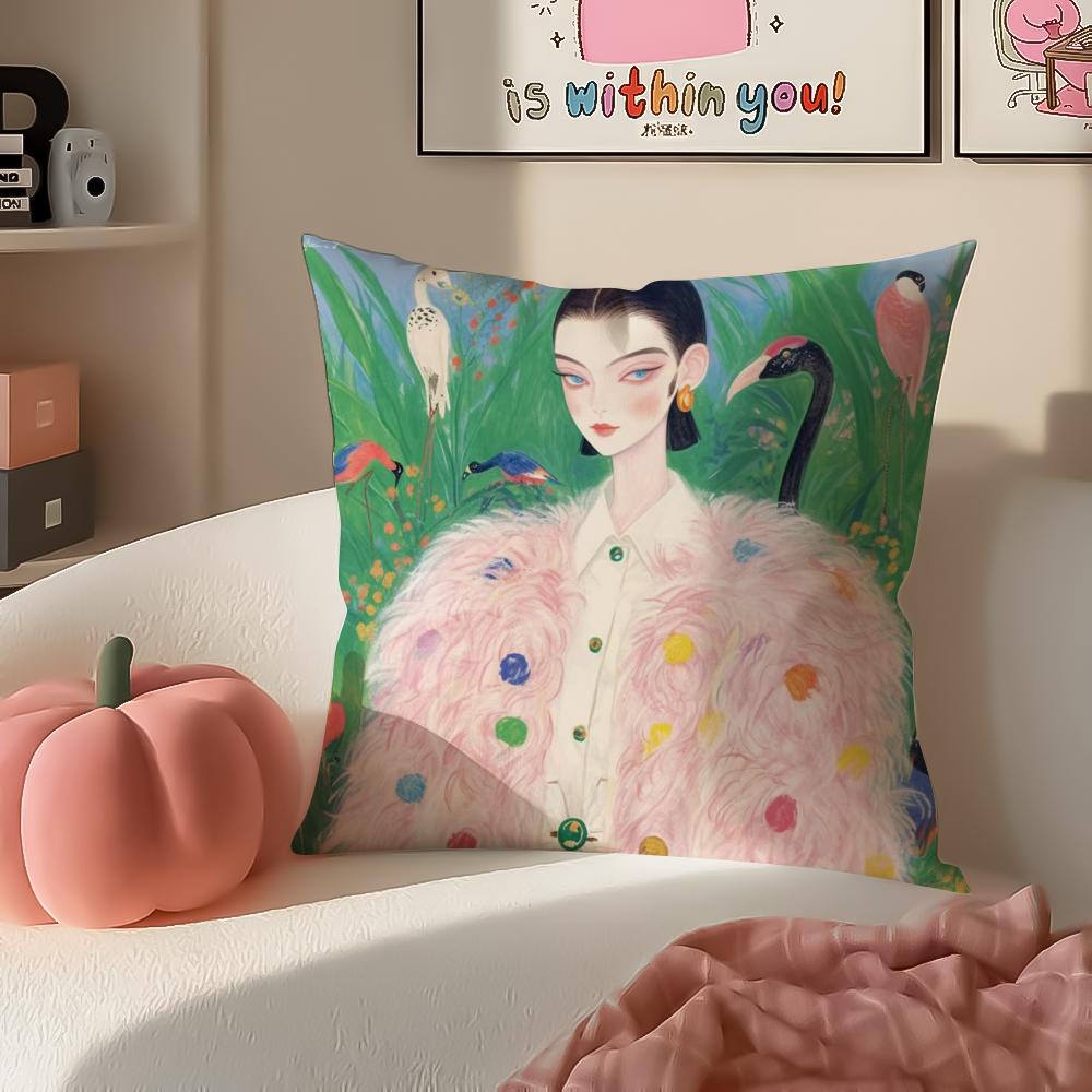 Fashion Illustration Cushion Cover Pillowcase Short Plush Invisible zipper Room Sofa Cushion Cover