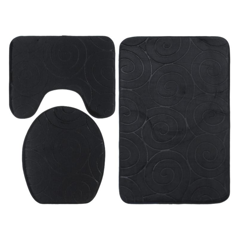 3 PCS Bathroom Mat Set Stone Embossed Toilet Lid Cover Floor Mats Bathtub Side Absorbent Carpets Black