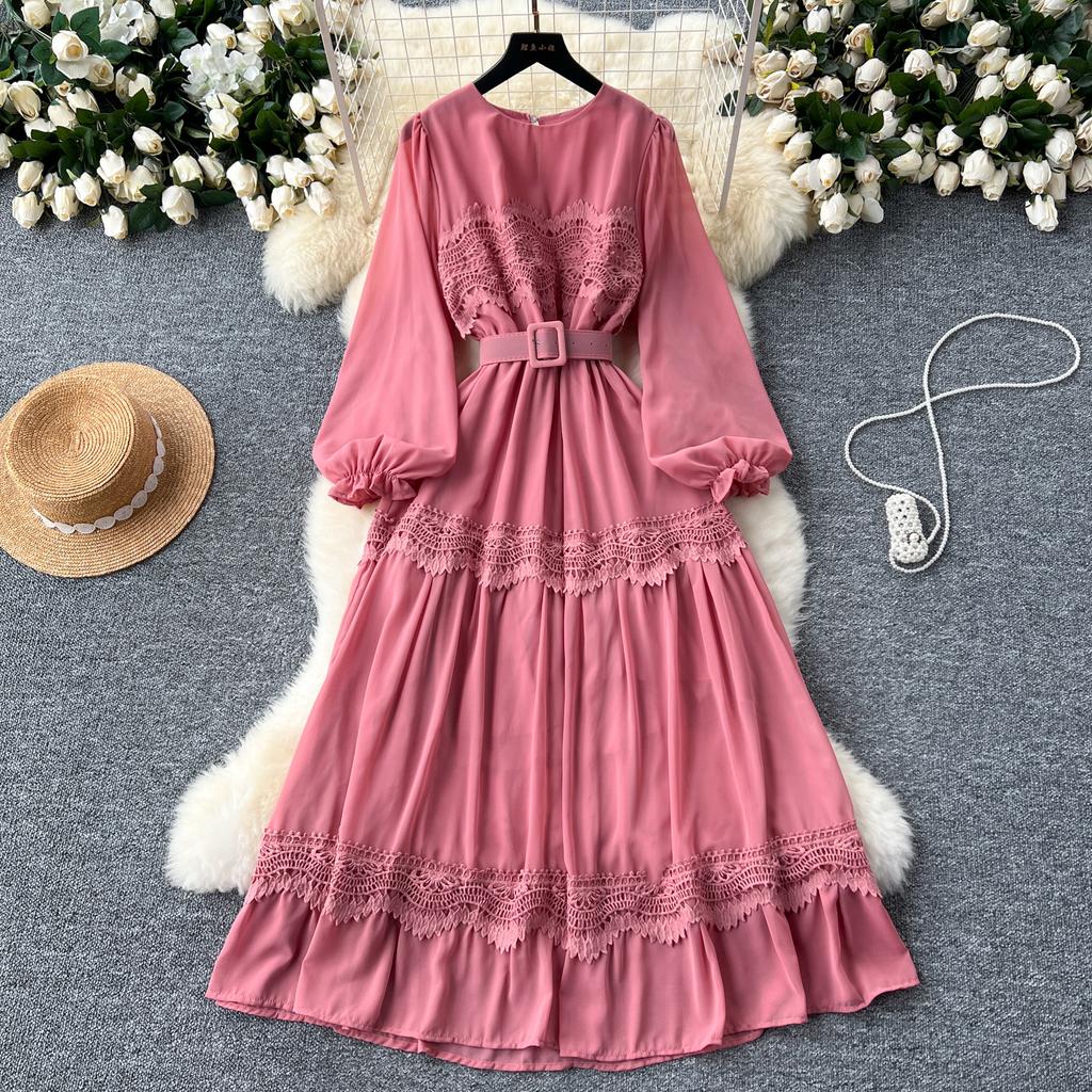 French O Neck Cut Out Lace PATCHWORK Lantern Sleeve Korean Fashion Dress Women's Summer Waist Sweet Dresses