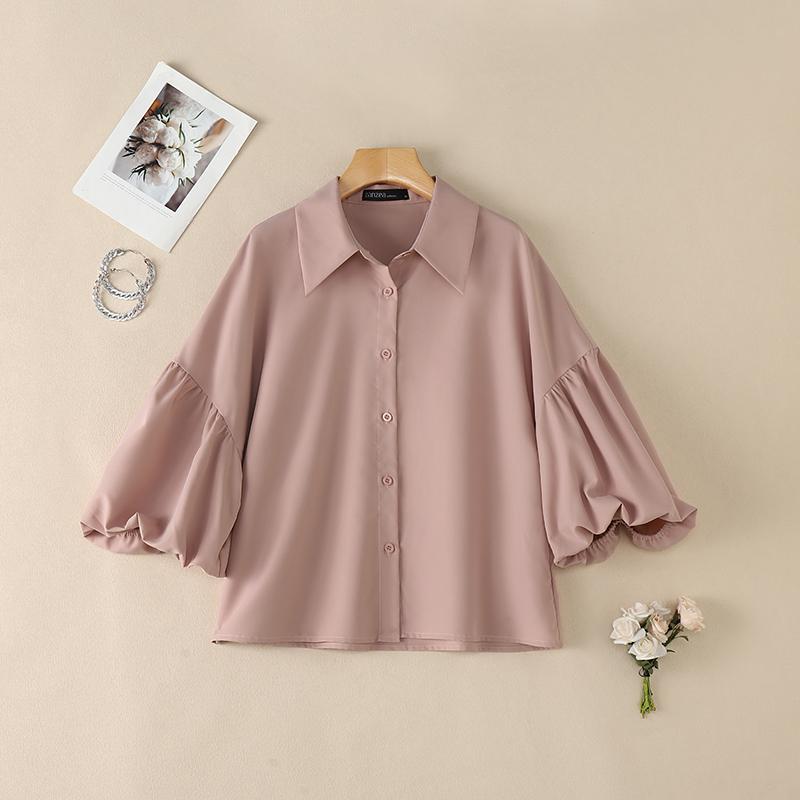 ZANZEA Women Casual Turn Down Collar Loose Puff 3/4 Sleeve Plain Blouse