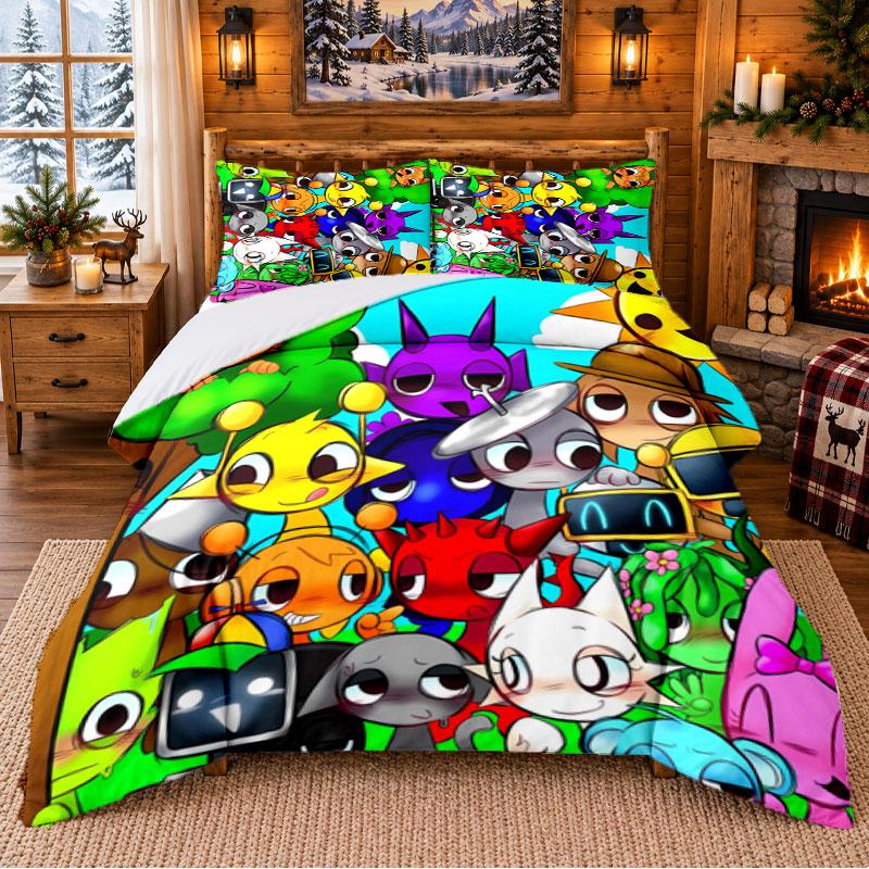 Sprunki Pattern Bedding 3Pcs Set Bed Sheet And Pillowcases For Indoor Bedroom