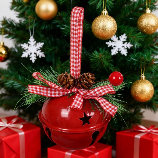 Christmas Bell Ornaments with Pinecones Berries Plaid Bow Rustic Metal Jingle Bells Xmas Tree Hanging Decor for Holiday Door Window Tree Party Decor