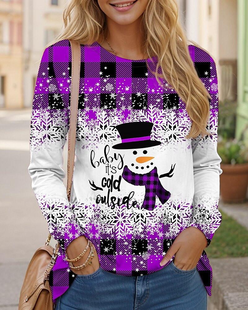 Christmas Snowman Pattern Women Fashion T-Shirts Autumn Winter Long Sleeve 3d Print Plaid Street Christmas Ladies Tee