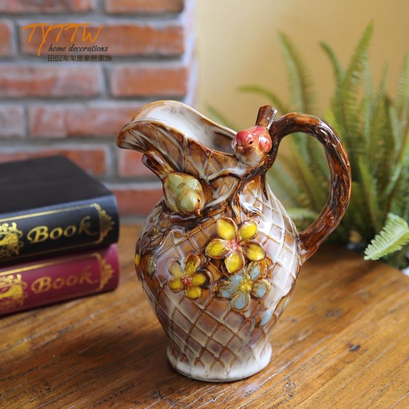 Vase Ceramic Desktop Ornament Painted Pastoral Hand-relief Glazed  Floral Decoration Suitable for Outdoor Garden Living Room 1Pc