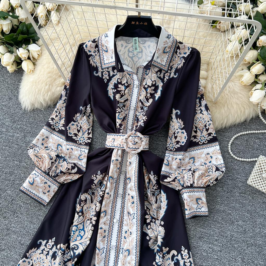 Spring Autumn Women Vintage Palace Print Single Breasted Ankle Length Holiday Party Shirt Dresses with Belt