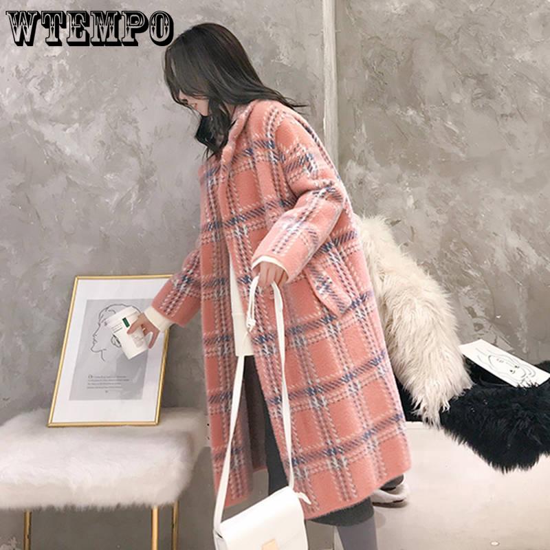 Płaszcze i kurtki damskie Moda Damski dwurzędowy wełniany płaszcz w kratę Damski płaszcz