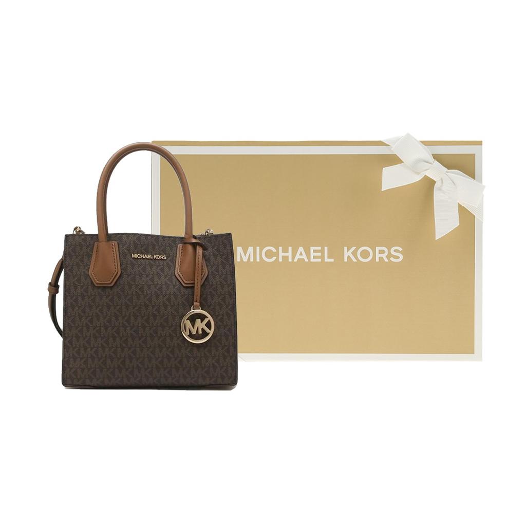 Michael Kors MK Mercer Series Classic French Vintage Monogram Color Block PVC Coated Canvas Accordion Bag Women Handbags Brown 35S1GM9M2B-BRN