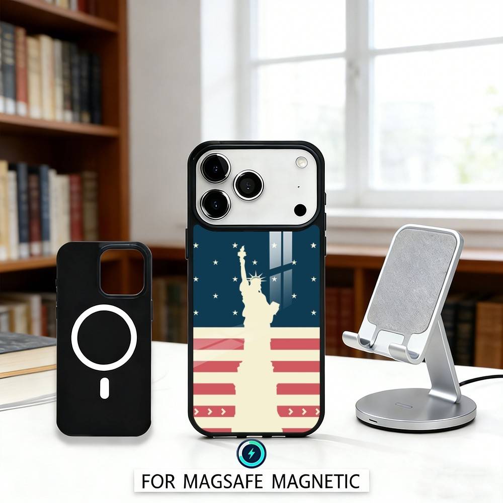 S-Statue L-Liberty America USA Flag Phone Case Magnetic For iPhone17 16 15 14 13 12 Pro Max For Magsafe Wireless Charging Cover