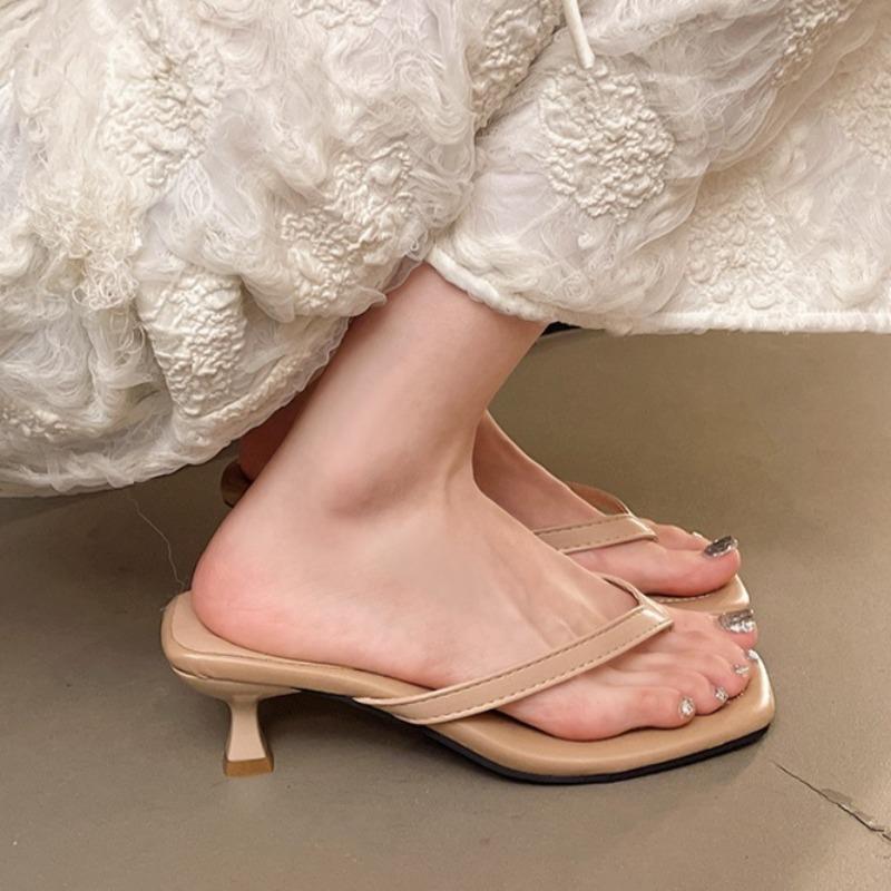 Fashion Square Toe Women Mid Heels Flip Flops 2025 Summer Clip Toe Shoes Fashion Casual Slippers New Pumps Dress Slides Casual Zapatos