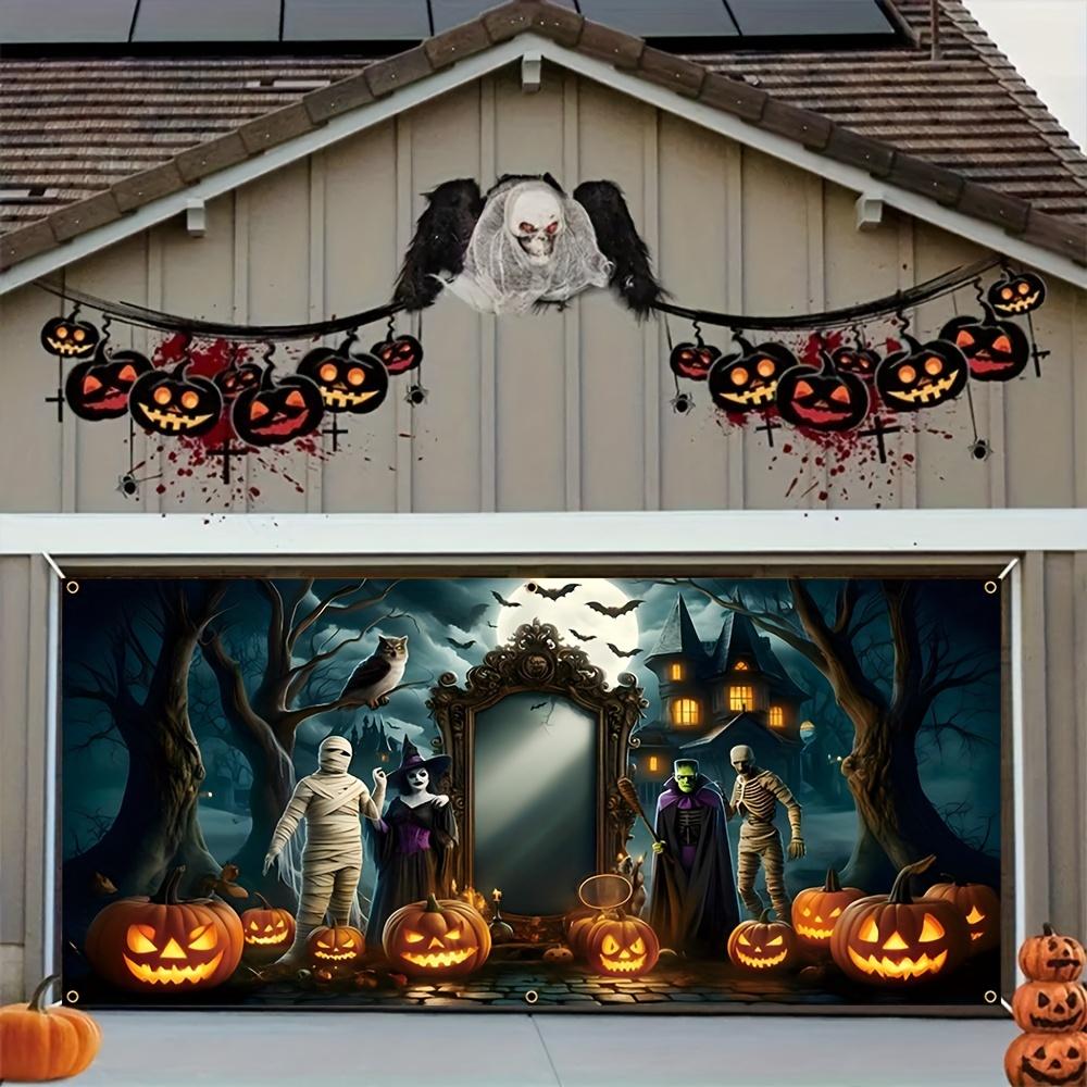 A Halloween garage door banner featuring terrifying bandages monsters witches bats pumpkins owls and dead trees 100x150cm