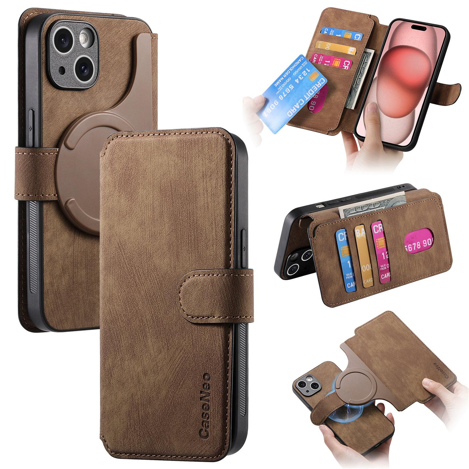 

For iPhone 15 Magnetic Case CASENEO Detachable Leather Phone Wallet Cover Brown