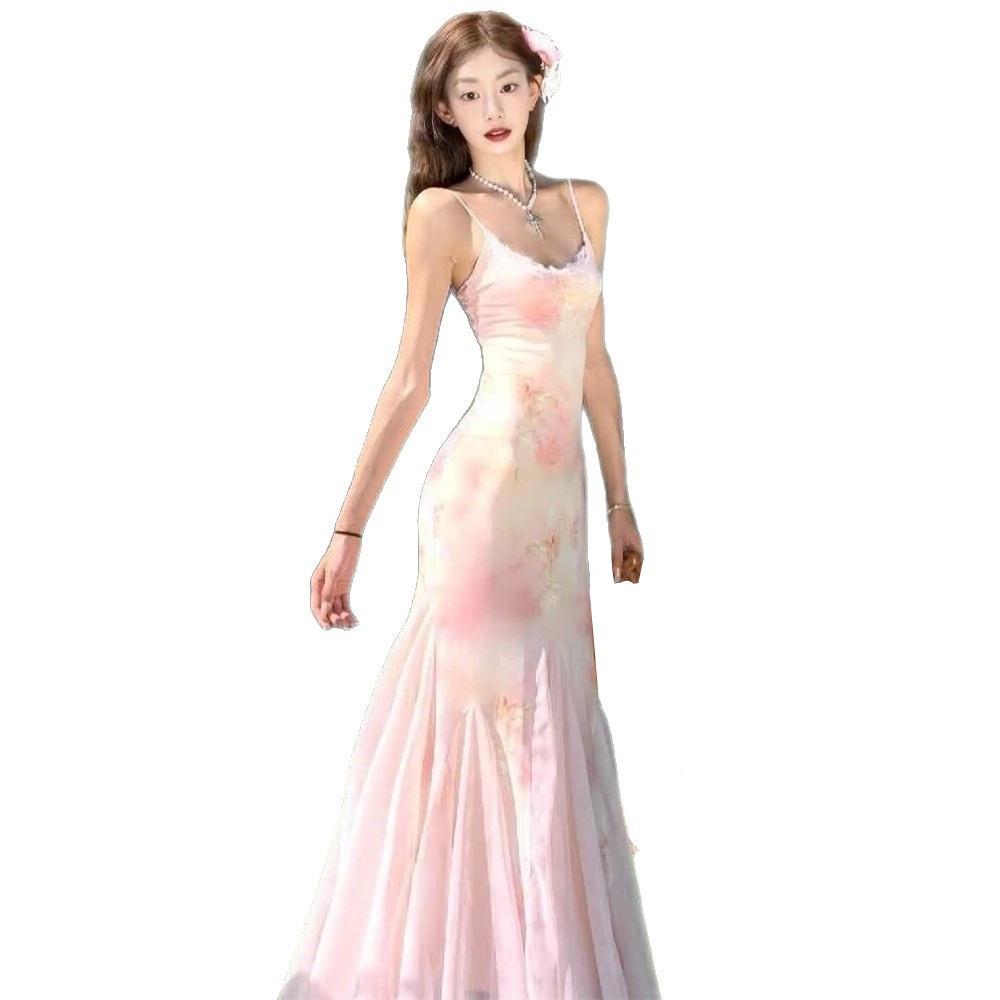 French temperament mesh suspender dress summer slim seaside vacation waist pink floral fishtail dress women