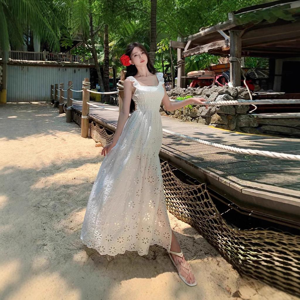 Sanya niche romantic ruffle edge embroidered dress French holiday style backless split fairy long dress