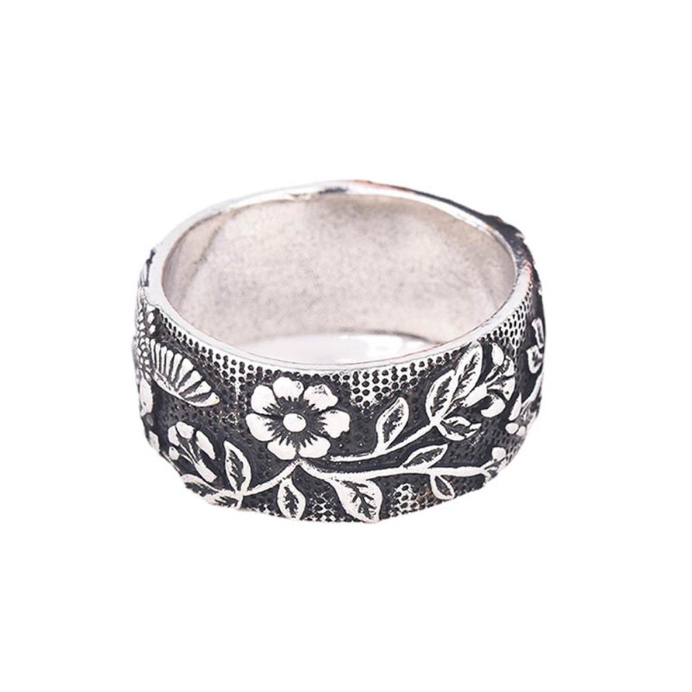 

Vintage Thai Silver Black Flower Unisex Engagement Ring for Men and Women no. 8