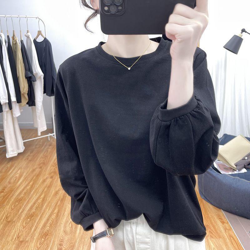 Autumn Cotton Lantern-sleeved Long-sleeved T-shirt Women's Korean Loose Age-reducing Blouse Retro Pleated Bottoming Shirt T-shirt