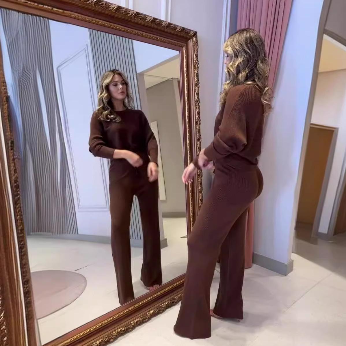 

Женский осенний однотонный топ с круглым вырезом и брюки широкого кроя, комплект из двух предметов XXL