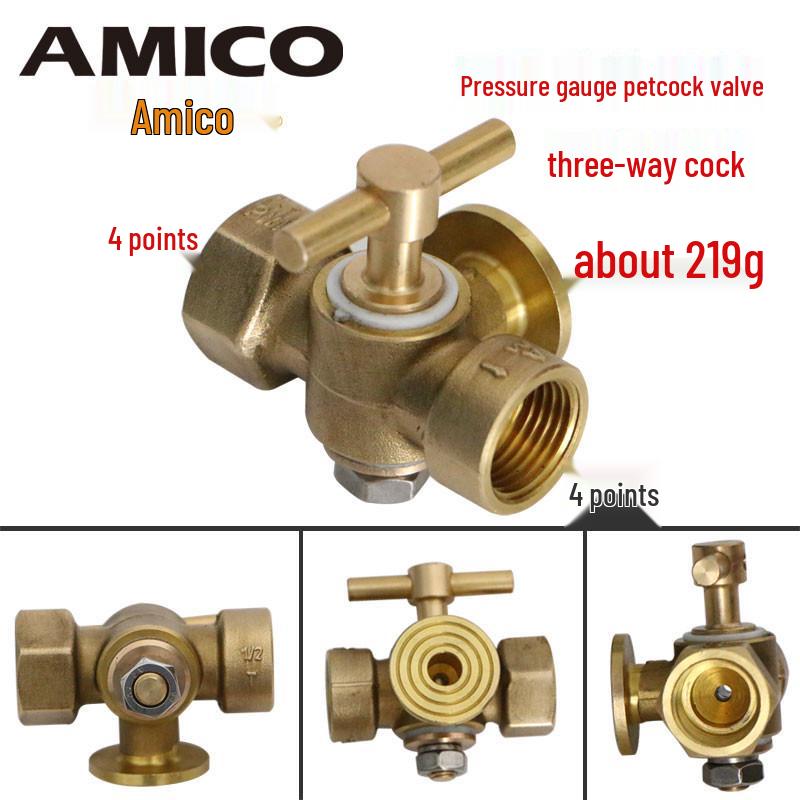 Ameikeo Brass Three-Way Plug Valve, Pressure Gauge, 4-Point Internal Thread Venting.