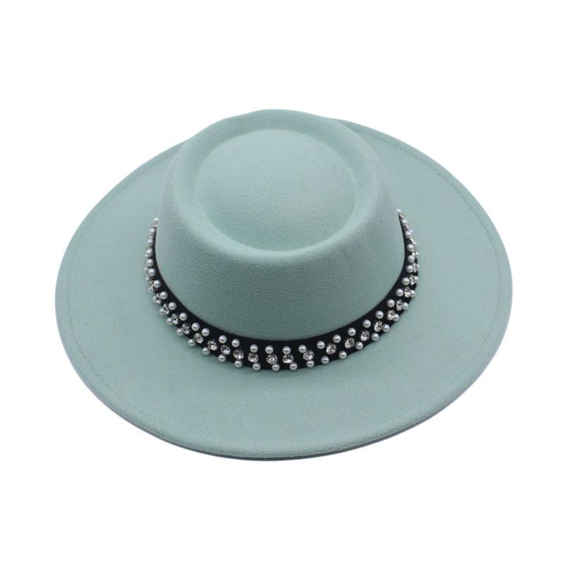 European and American New Autumn and Winter Wool Woolen Big-brimmed Jazz Hat Female Concave Top Black Top Hat Pearl Rhinestone Felt Hat