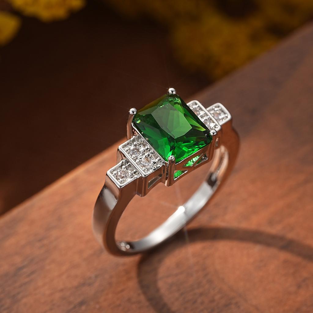 New Silver Color Rectangle Colored Zircon Engagement Rings for Women Female Luxury Party Gift Wedding