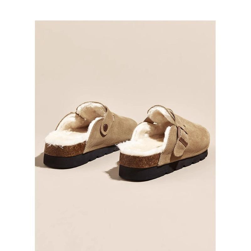 

Флисовые женские туфли Birkenstocks, новые зимние теплые пушистые туфли 2024 года на платформе с одной педалью, хлопковые тапочки с капюшоном 35