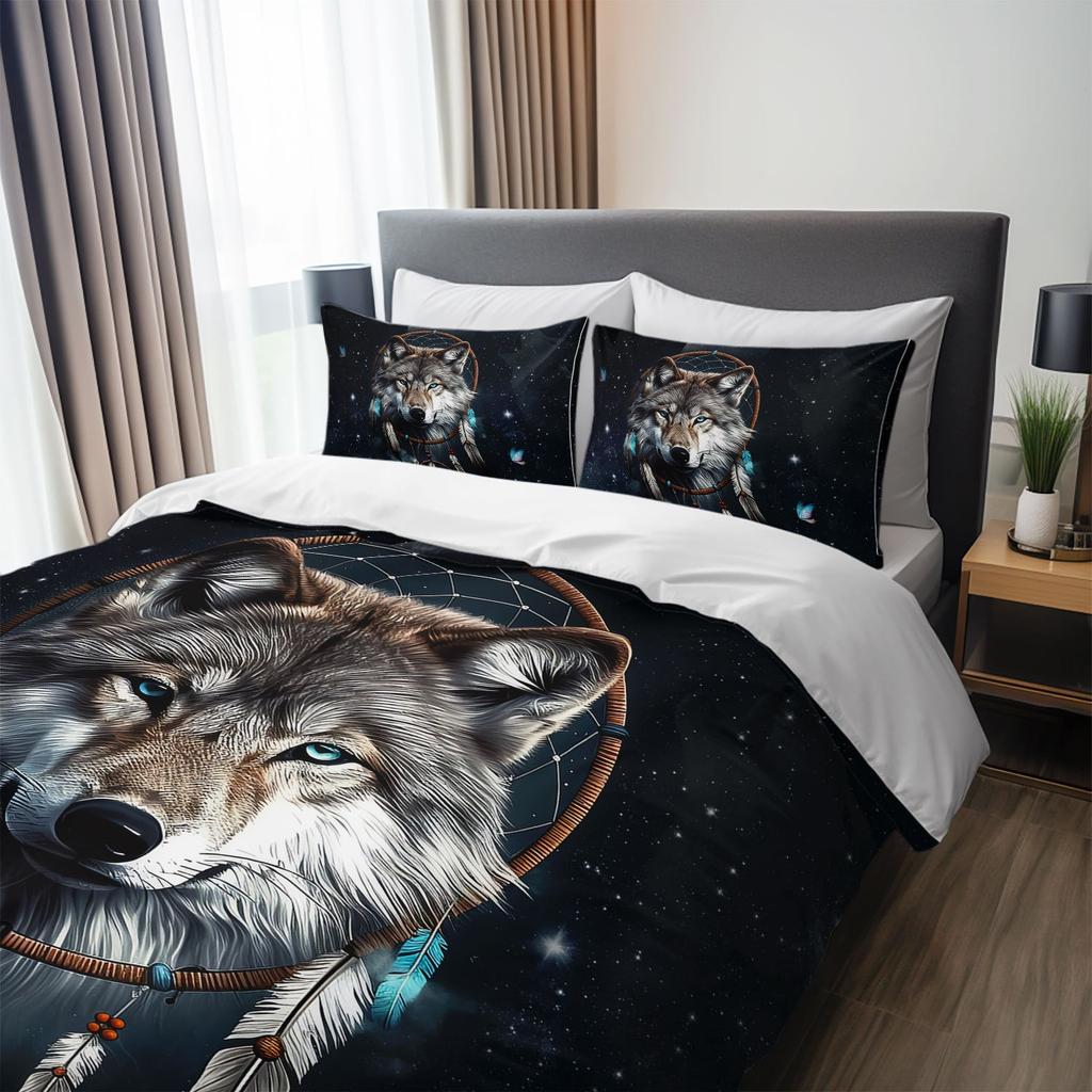 3Pcs Wolf Dreamcatcher Galaxy Bedding Duvet Cover Set Bohemian Wolf Bedding Quilt Set Wolf Themed Bed Quilt Set Mystical Wolf