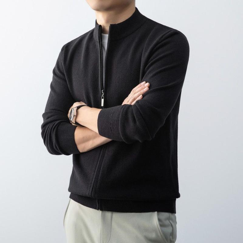 Casual Stand Collar Knitted Cardigan Men's Clothing Stylish Zipper Autumn Winter Vintage Solid Color Basic Long Sleeve Sweaters