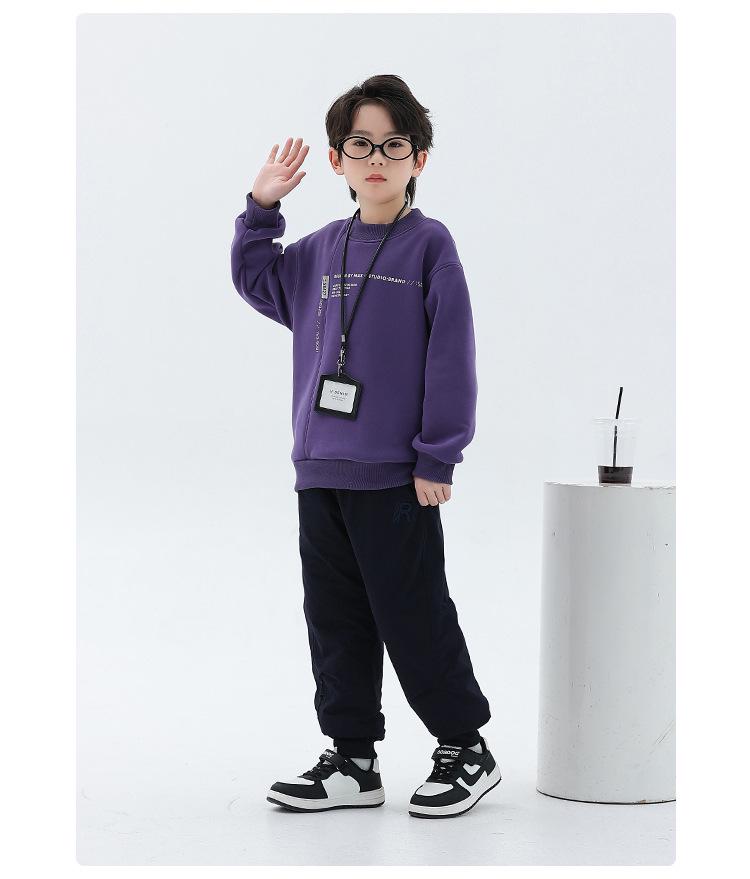 Boys' Thick Velvet Hoodie - 2025 Winter Collection: Warm, Trendy Long Sleeve Round Neck for Kids