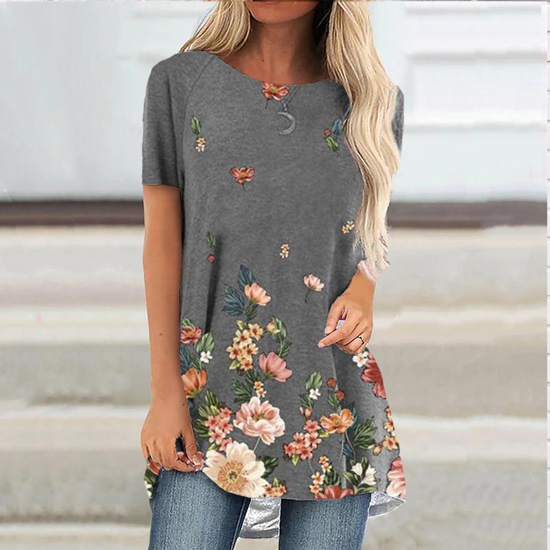 

Женская удобная футболка с короткими рукавами и круглым воротником размера плюс, розовая река, повседневные мешковатые футболки средней длины для женщин 7XL серый