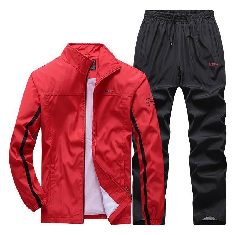 Men's Four Seasons Spring Autumn Plus Size Standing Collar Long Sleeve Jacket + Breathable Loose Trousers Outdoor Sports Jacket Two Piece Set
