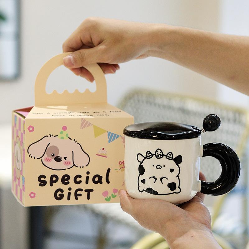 Niedlicher kleiner Tierbecher mit Deckel Löffel Keramiktasse für Mädchen Souvenir Wasserbecher Gedenk Geburtstagsgeschenk