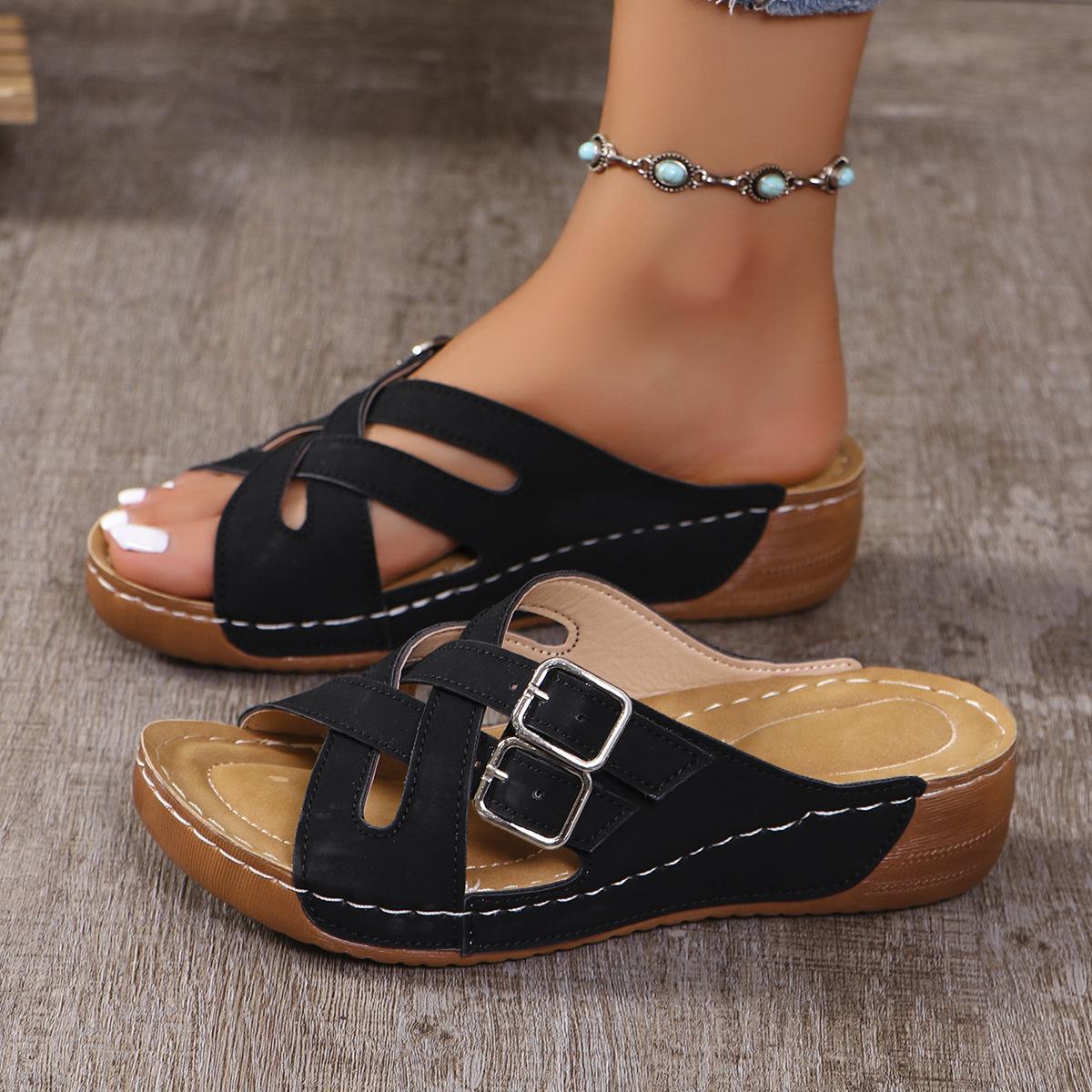 

Большой размер, однотонный, лето 2025, новые, с круглым носком, толстая подошва, модная повседневная одежда, сандалии с одним символом для женщин 43 чёрный