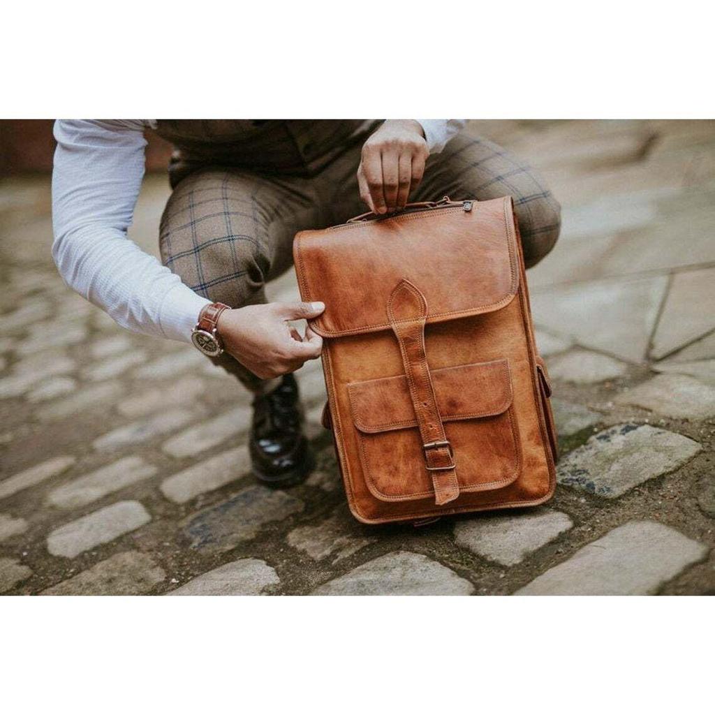 Ekte ekte skinn menns ryggsekk bag laptop Satchel koffert Brun Vintage