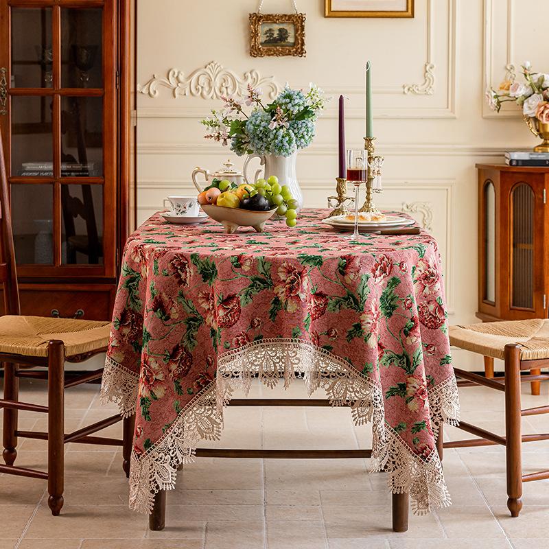 Tablecloth Rectangle Lace Fringed Tablecloth Red Light Luxury High-end American Style Living Room Coffee Table Tablecloth