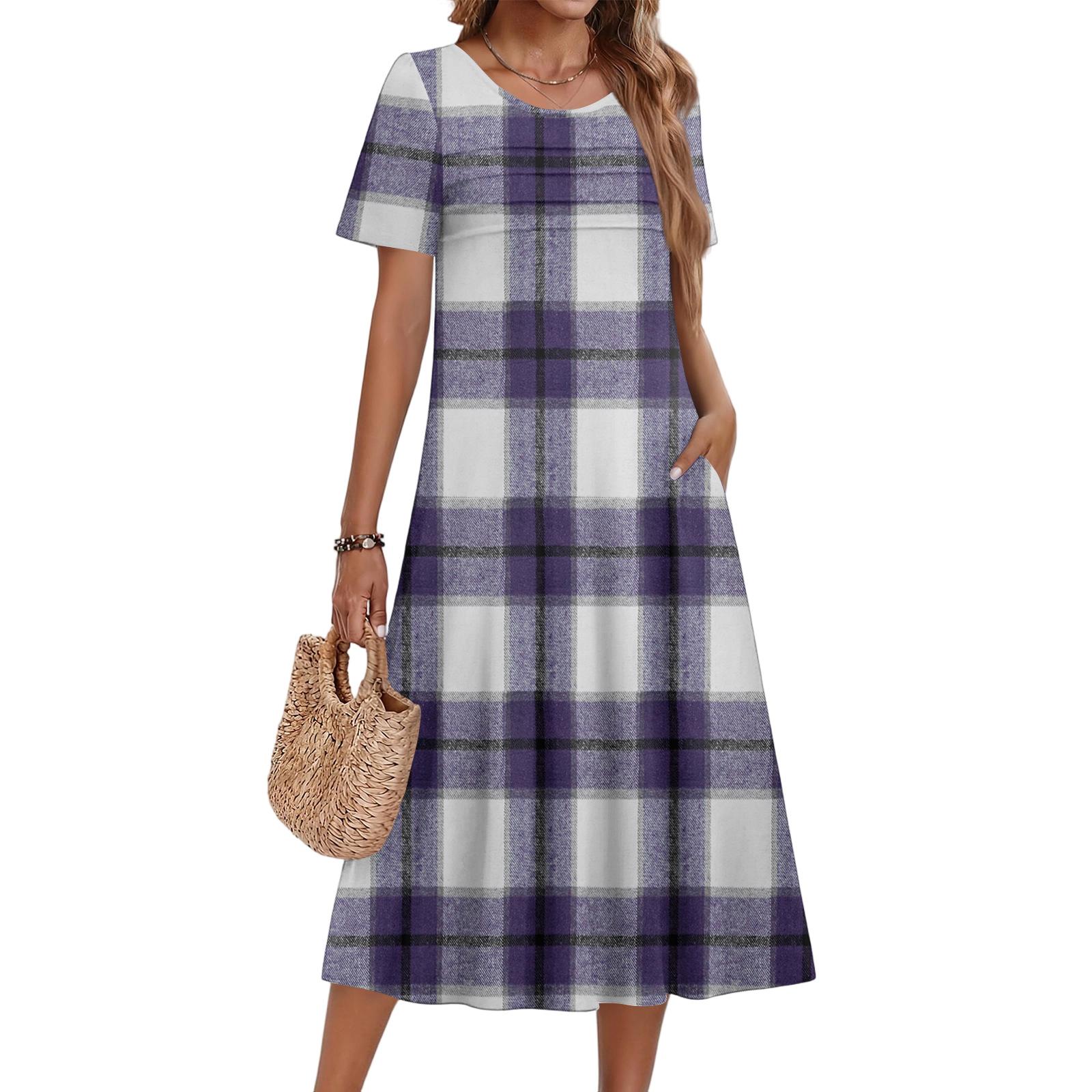 

Ladies Plaid Printed Casual And Fashionable Short Sleeved Round Neck Dress M фіолетовий