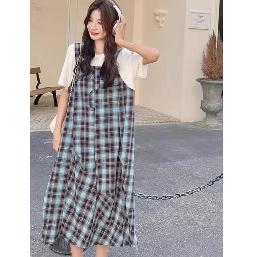 Casual Plaid Dress Early Autumn New High-end Temperament Relaxed Fake Two-piece Long Dress Women's Clothing