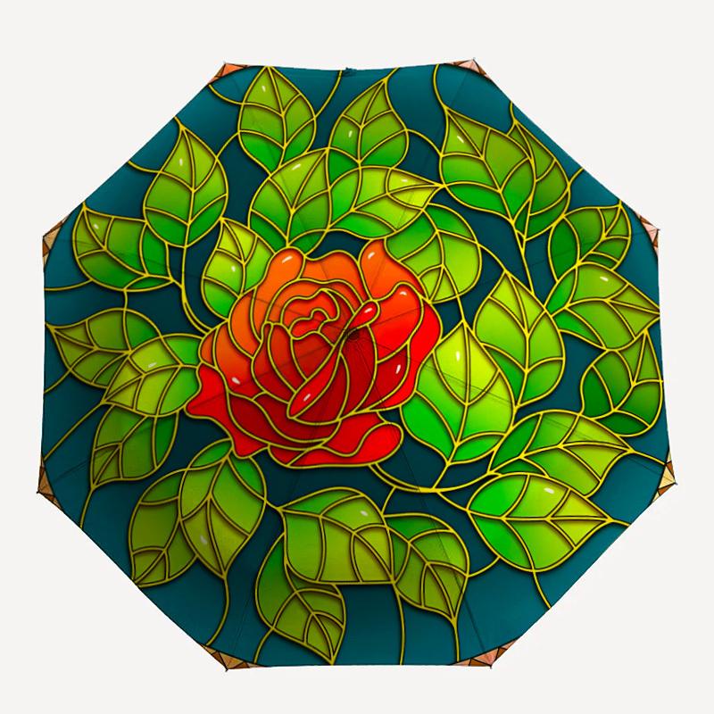 

1pc Rose Stained Glass Automatic Umbrella - 8-Rib Durable Frame, Portable Fashion Accessory & Holiday Gift yy251117150