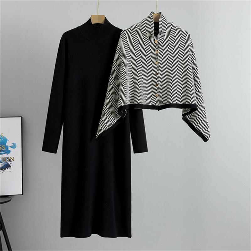 Women's Autumn And Winter Dress Set Knitted Shawl Jacket Long Skirt Two Piece Set
