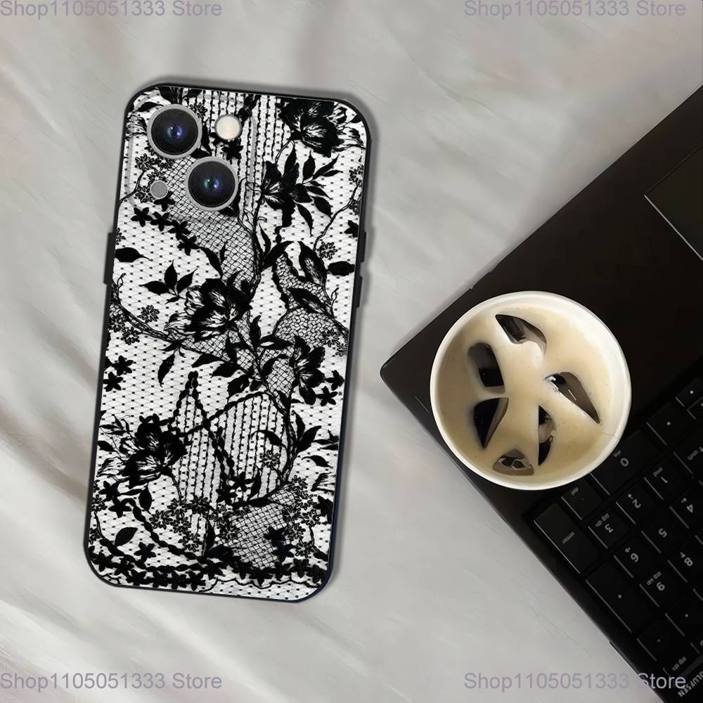 Vintage Lace Phone Case For iPhone 17,16,15,14,13,12,11,Pro,XS,Max,XR,Plus,E,SE4,Mini Black Soft Cover