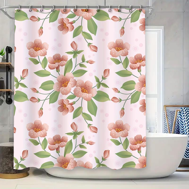 

Charming Pink Blossom Shower Curtain For Bathroom Decor Waterproof Fabric With Green Leaves Pattern Perfect Gift Idea For Housew W60H190(CM)-1 Pcs