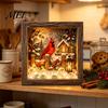 Wooden Landscape Ornament Christmas Snowy Night Light Picture Frame, Vintage Frame 3D Mini Lighted Shadow Box Lamp, Desktop Atmosphere Decor