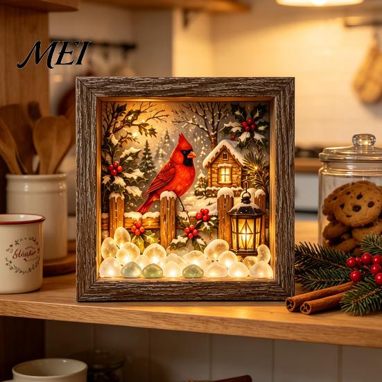 Wooden Landscape Ornament Christmas Snowy Night Light Picture Frame, Vintage Frame 3D Mini Lighted Shadow Box Lamp, Desktop Atmosphere Decor