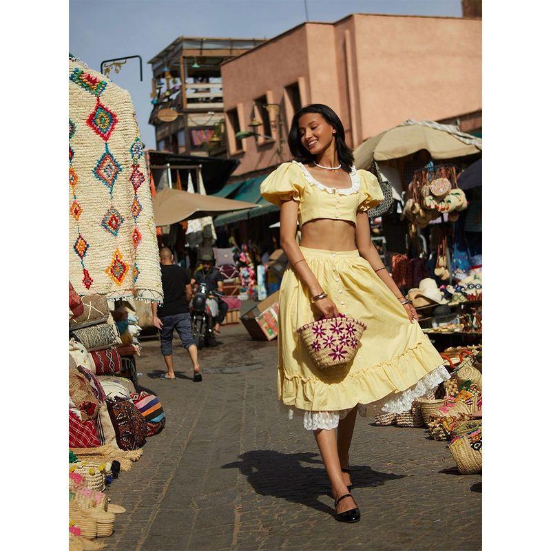 Summer Ice Vitamin C French Sweet Cream Yellow Plaids Lace Edge Puff Sleeves Small Top Elastic Waist Mid-Length Dress Set