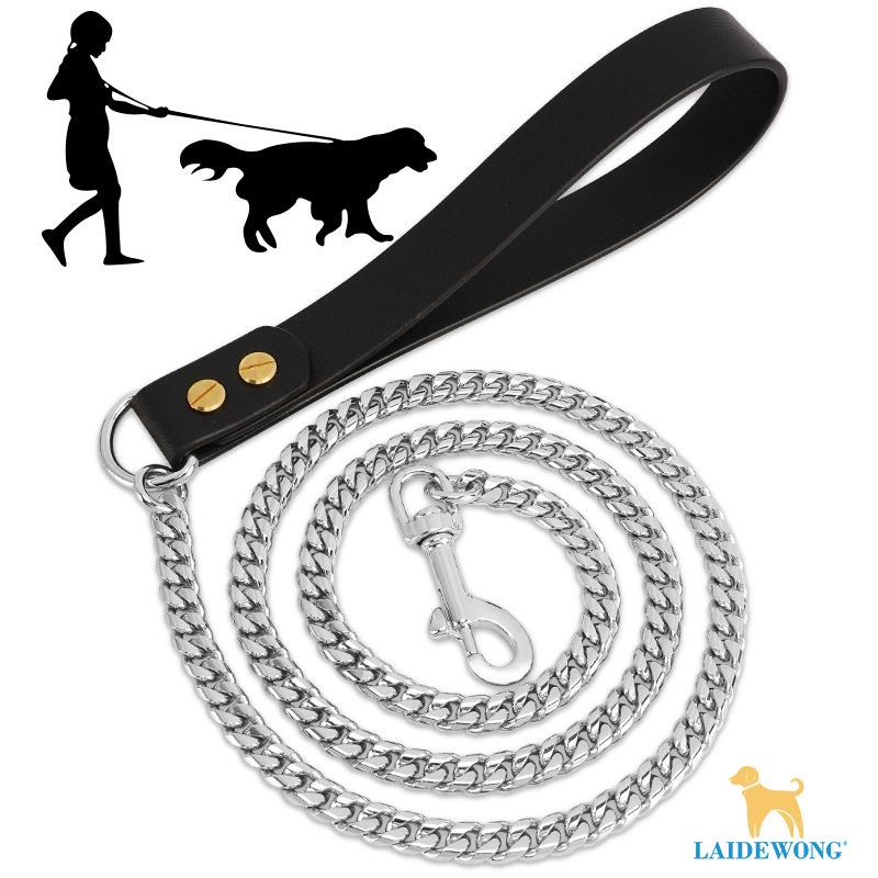 10mm Stainless Steel Dog Leash with Leather Handle and Encrypted Cuban Chain.